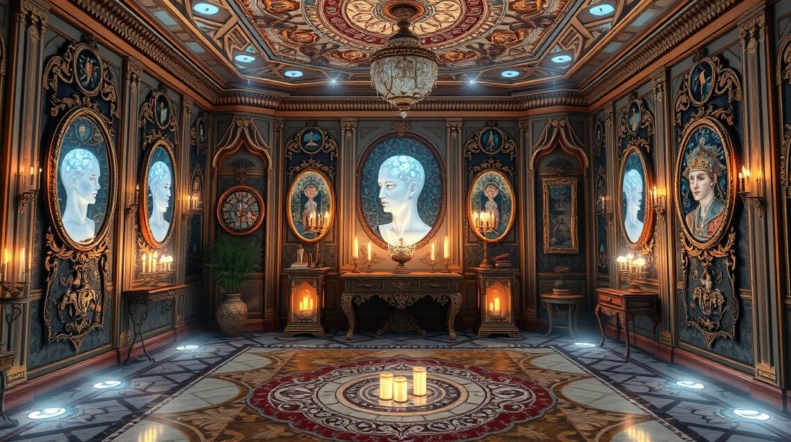 Ein eleganter Raum mit Spiegeln, Kerzen und kunstvollen Wandverzierungen.