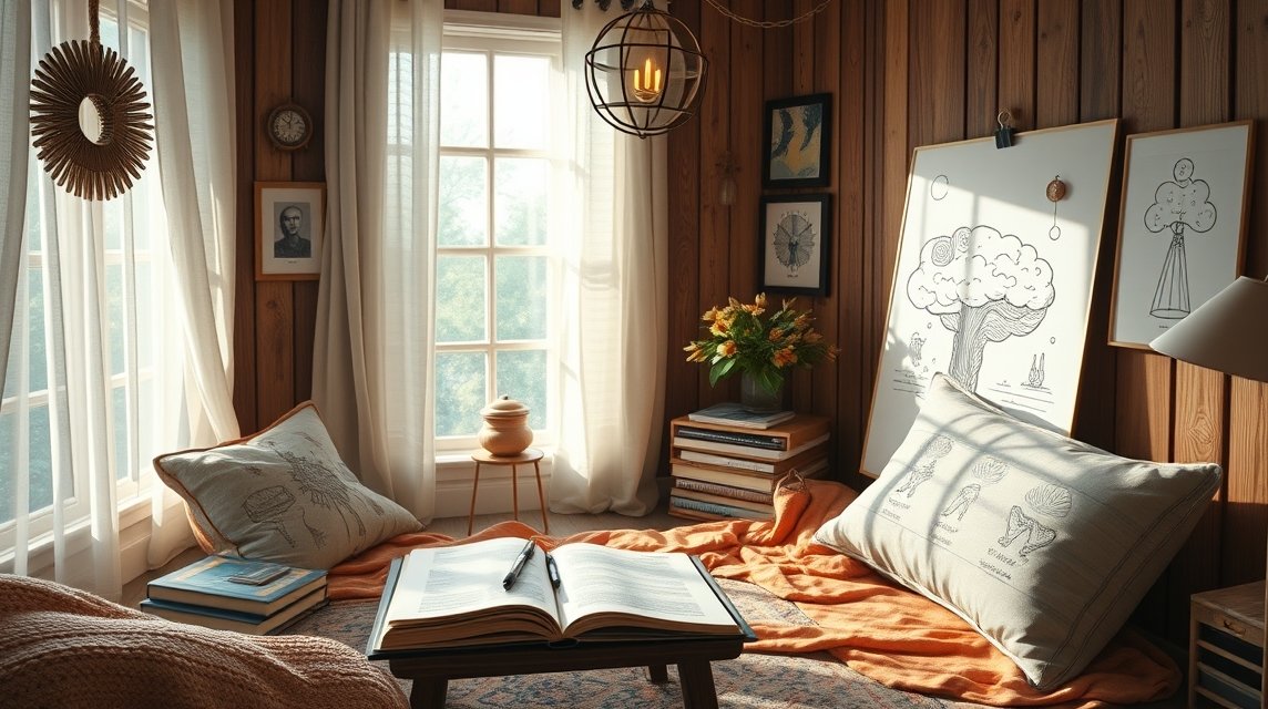 Ein gemütlicher Raum mit einem offenen Buch, Kissen und Pflanzen auf einem Tisch.