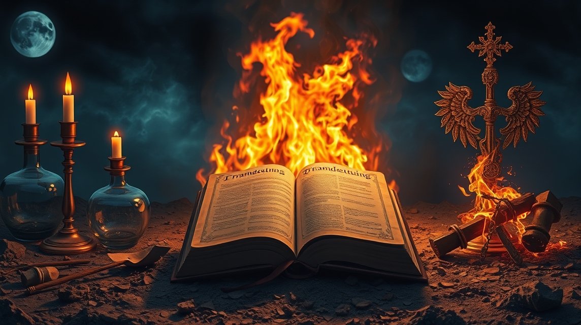 Ein aufgeschlagenes Buch über Traumdeutung, umgeben von Kerzen und Feuer.