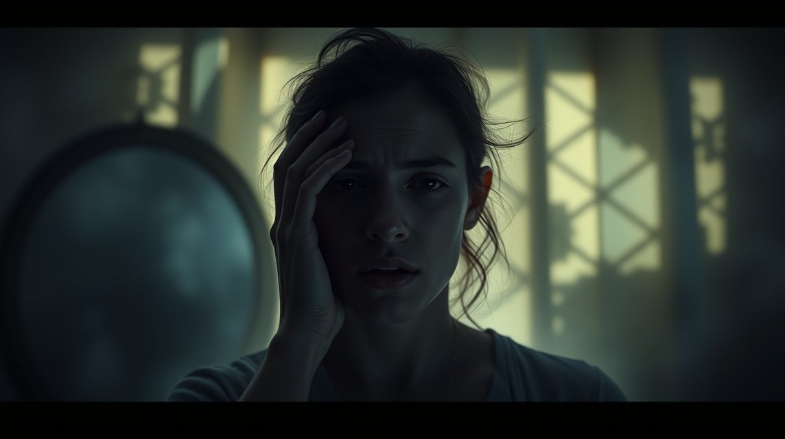 Eine besorgte Frau hält sich die Hand an den Kopf, während sie in einen Spiegel schaut.