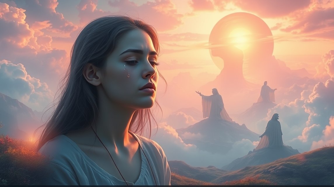 Eine nachdenkliche Frau mit einem Tränen in den Augen, umgeben von mystischen Figuren und einer surrealen Landschaft.