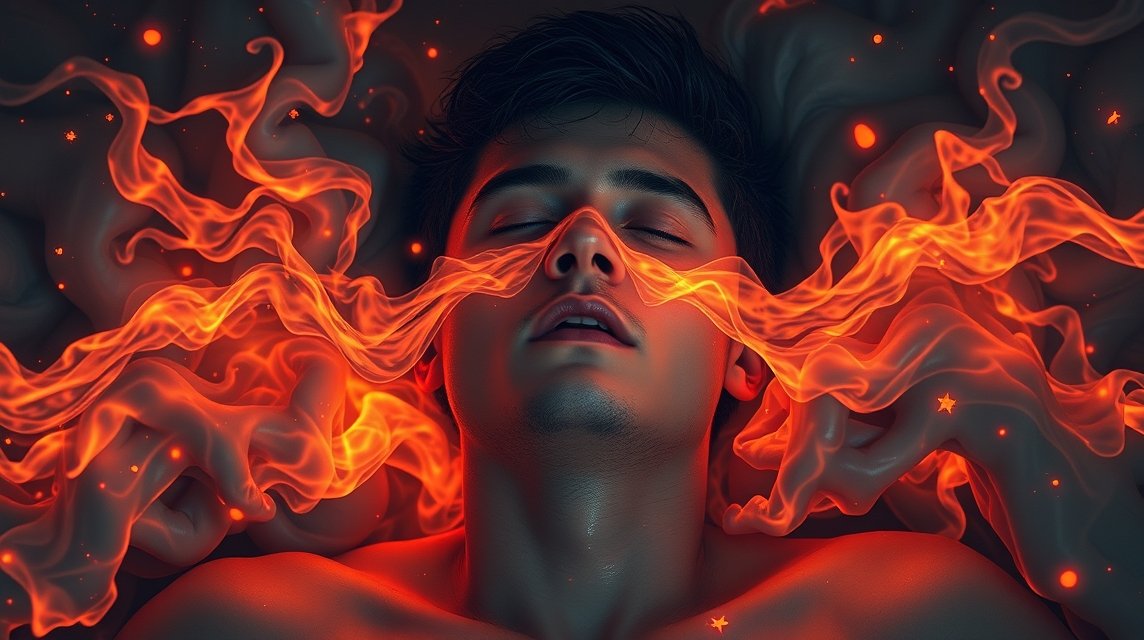 Ein junger Mann schläft, umgeben von leuchtenden, flammenden Rauchschwaden.