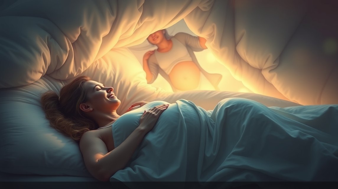 Eine schwangere Frau träumt lächelnd in einem gemütlichen Bett.
