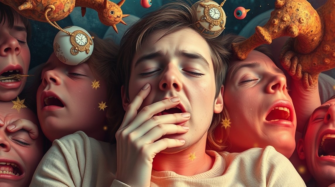Eine traumhafte Szene mit schlafenden Personen und surrealen Elementen wie Uhren und Sternen.