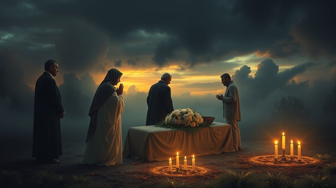 Eine Trauerfeier im Freien mit Kerzen und Blumenarrangements bei Sonnenuntergang.