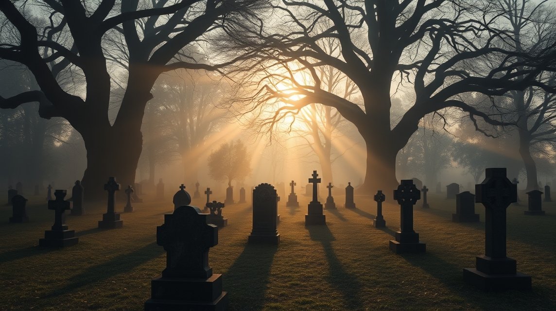 Ein nebliger Friedhof mit Grabsteinen und großen Bäumen im Sonnenlicht.
