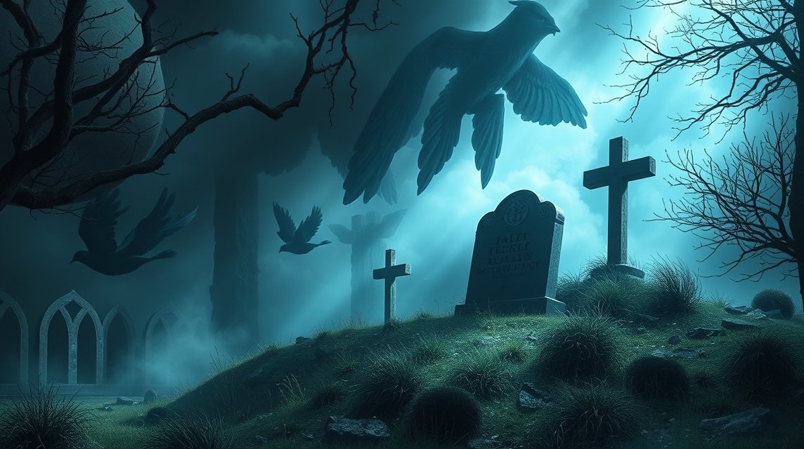 Eine düstere Friedhofsszene mit Grabsteinen und fliegenden Krähen.