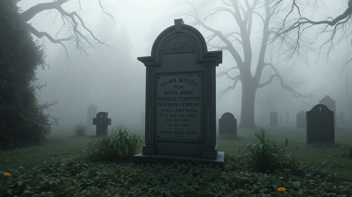 Ein Grabstein in einem nebligen Friedhof, umgeben von alten Bäumen und Gräbern.