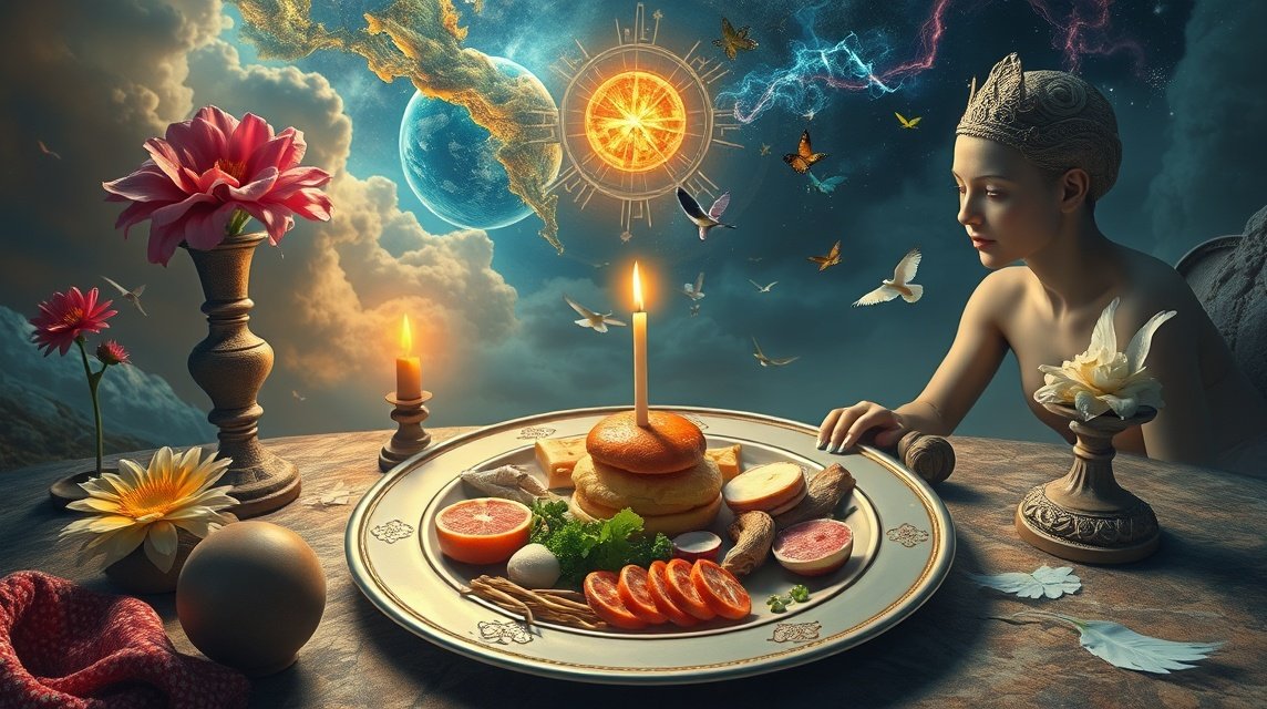 Ein Tisch mit einem üppigen Essen, umgeben von Blumen und Kerzen, während ein Mädchen nachdenklich schaut.