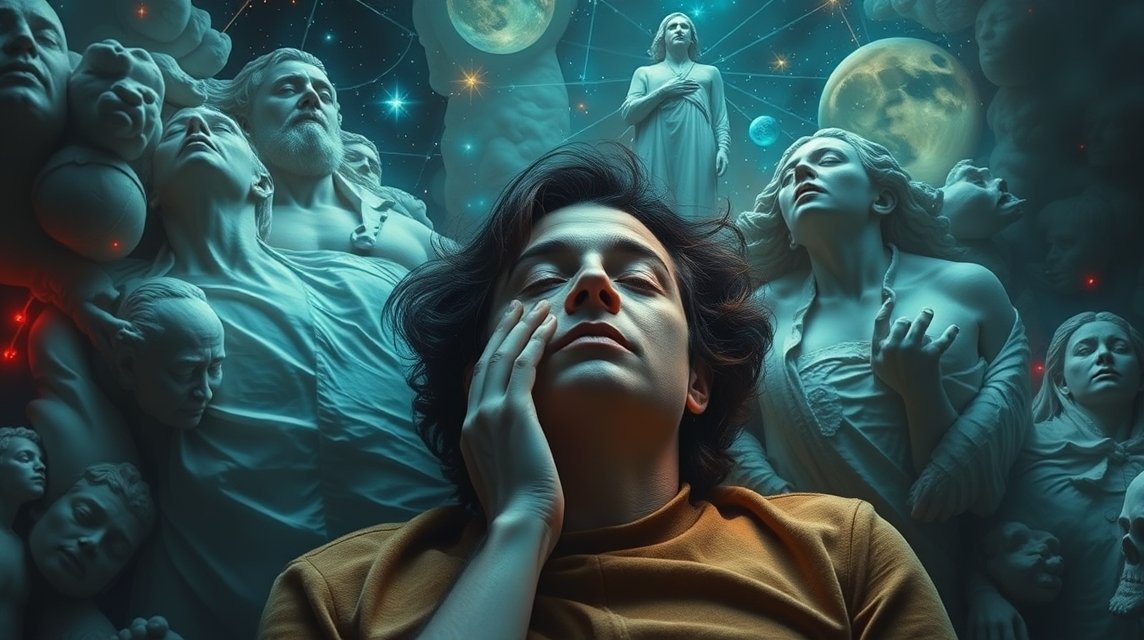 Eine nachdenkliche Person umgeben von antiken Statuen und einem Sternenhimmel.