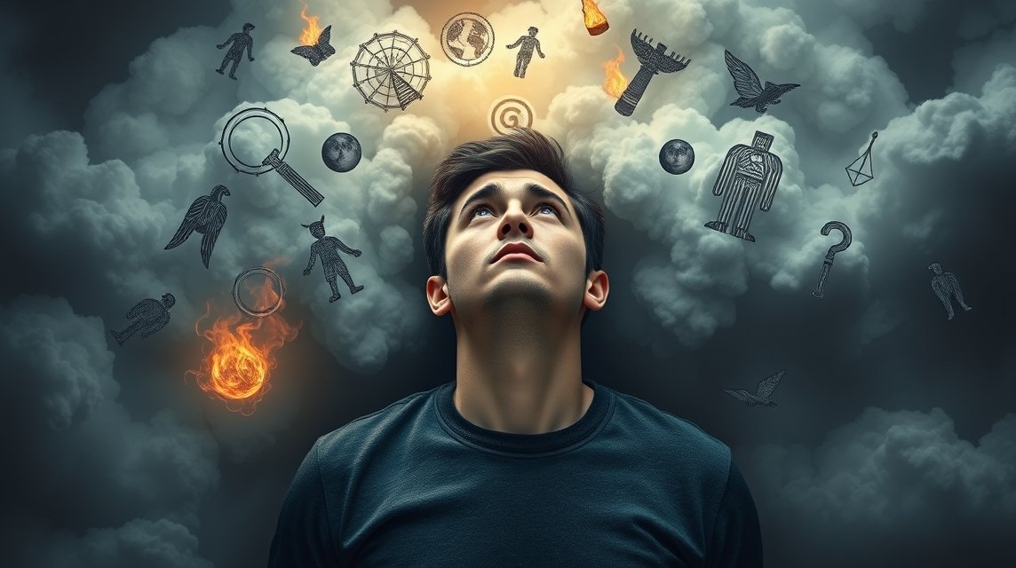 Ein junger Mann schaut nach oben, umgeben von symbolischen Traumbildern und Wolken.