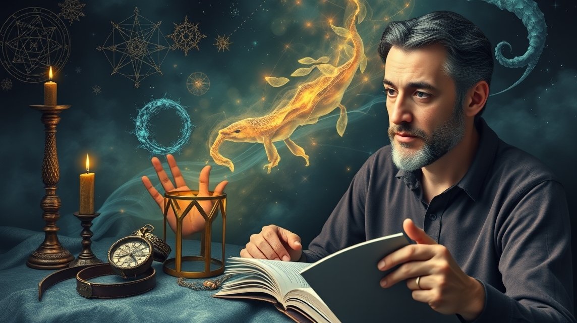 Ein nachdenklicher Mann mit Buch, Kerzen und mystischen Symbolen im Hintergrund.