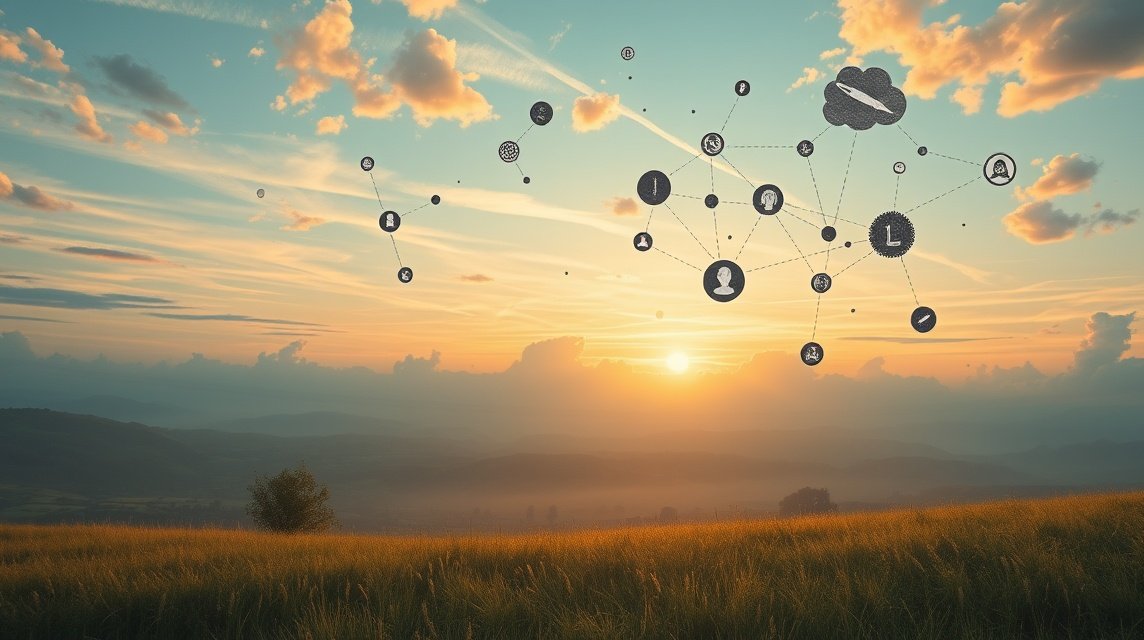 Eine malerische Landschaft mit Sonnenuntergang und Symbolen, die Träume darstellen.