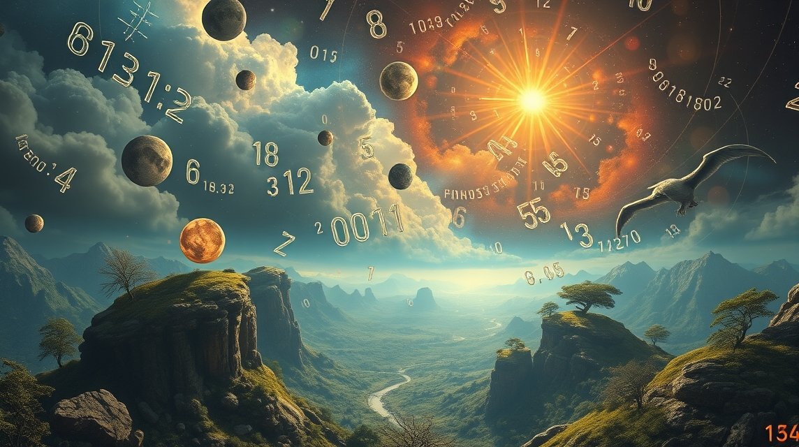 Eine traumhafte Landschaft mit Planeten, Zahlen und einer strahlenden Sonne.