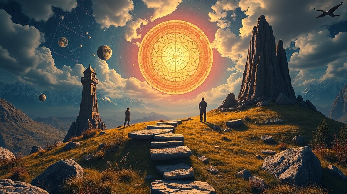 Zwei Personen stehen auf einem Hügel, umgeben von Bergen und einem leuchtenden Sonnenkreis.