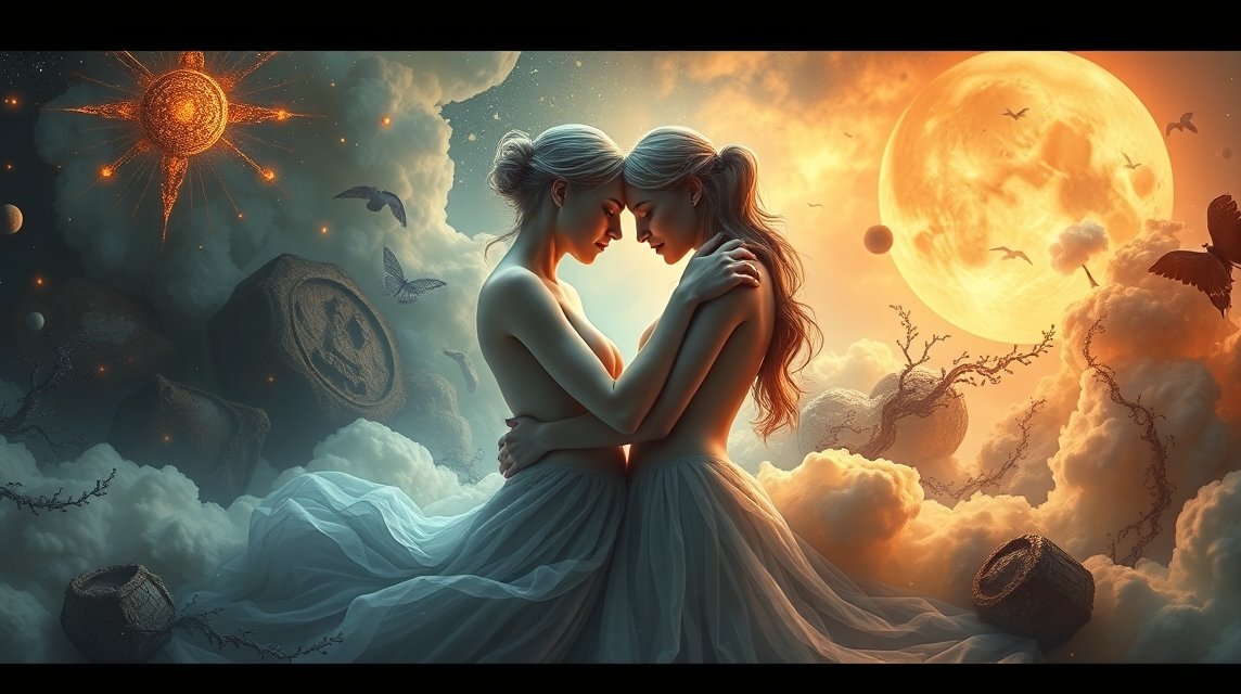 Zwei Frauen in eleganten Kleidern umarmen sich vor einem mystischen Hintergrund mit Mond und Wolken.