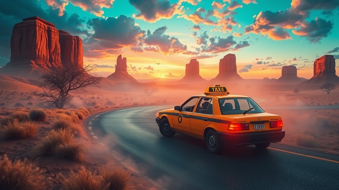 Ein gelbes Taxi fährt auf einer kurvenreichen Straße durch eine Wüstenlandschaft.