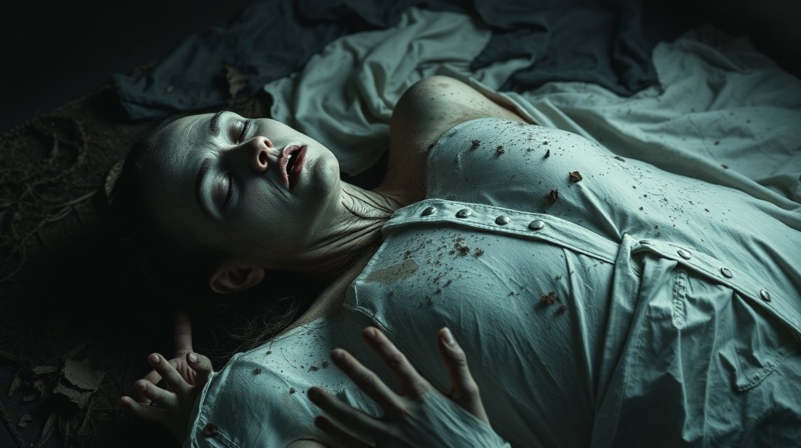 Eine Frau mit blasser Haut und einem weißen Kleid liegt regungslos auf einem Bett.