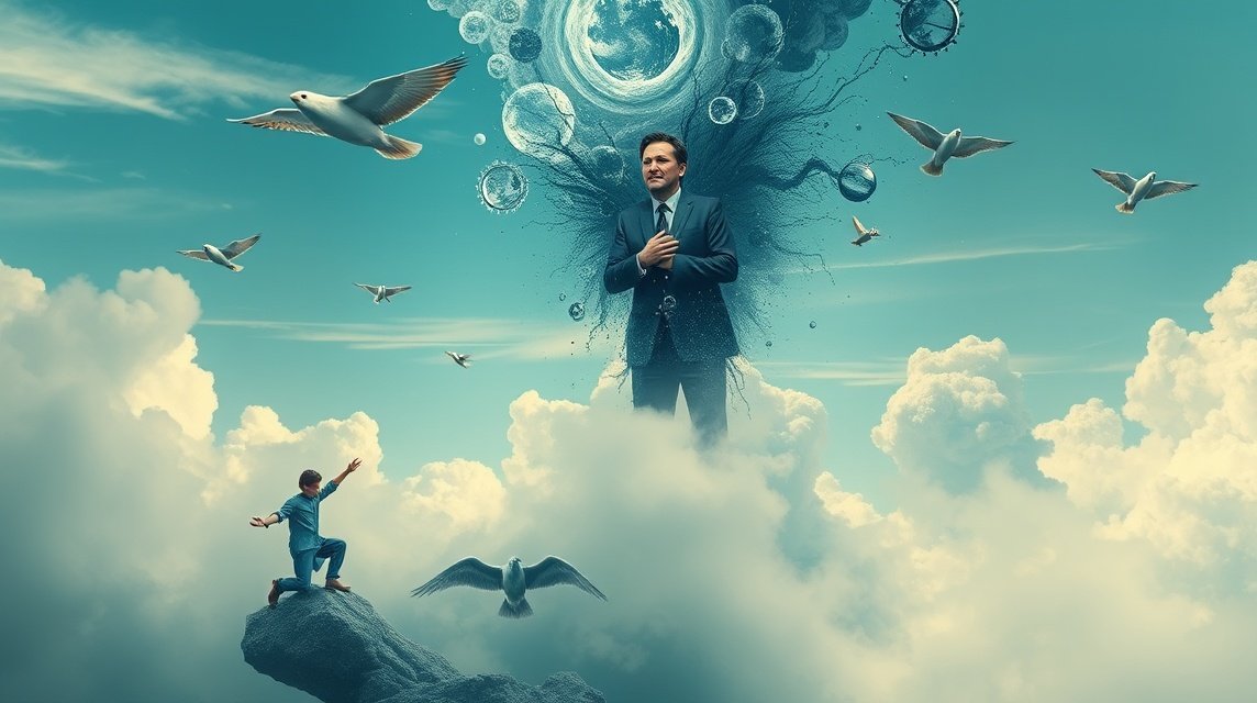 Ein Mann in Anzug steht in den Wolken, während ein Junge ihn bewundert und Vögel um sie fliegen.