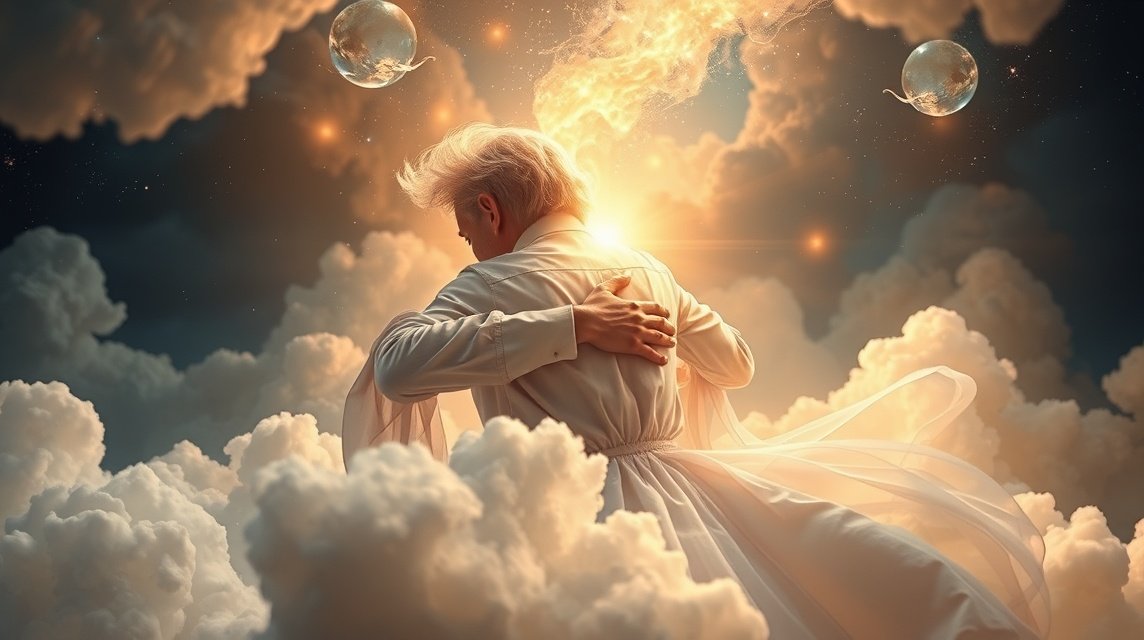 Eine Person in einem weißen Gewand umarmt eine andere Figur in einer traumhaften Wolkenlandschaft.
