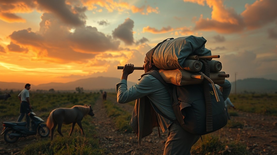 Ein Mann mit einem großen Rucksack und Holzstangen wandert in der Abenddämmerung.