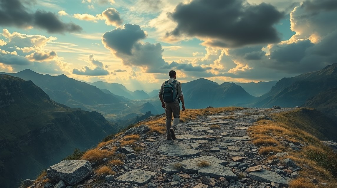 Ein Wanderer geht auf einem Pfad durch eine beeindruckende Berglandschaft.
