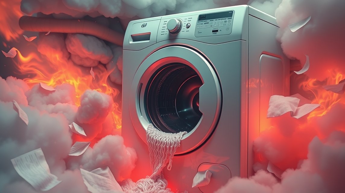 Eine Waschmaschine inmitten von Rauch und flammenden Farben, die eine surreale Atmosphäre schafft.