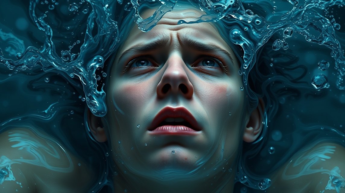 Ein Gesicht, das aus Wasser auftaucht, mit einem Ausdruck von Angst und Verzweiflung.