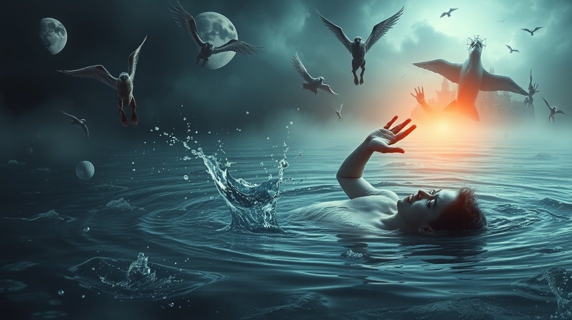 Ein Mensch kämpft im Wasser, während mystische Vögel um ihn fliegen.