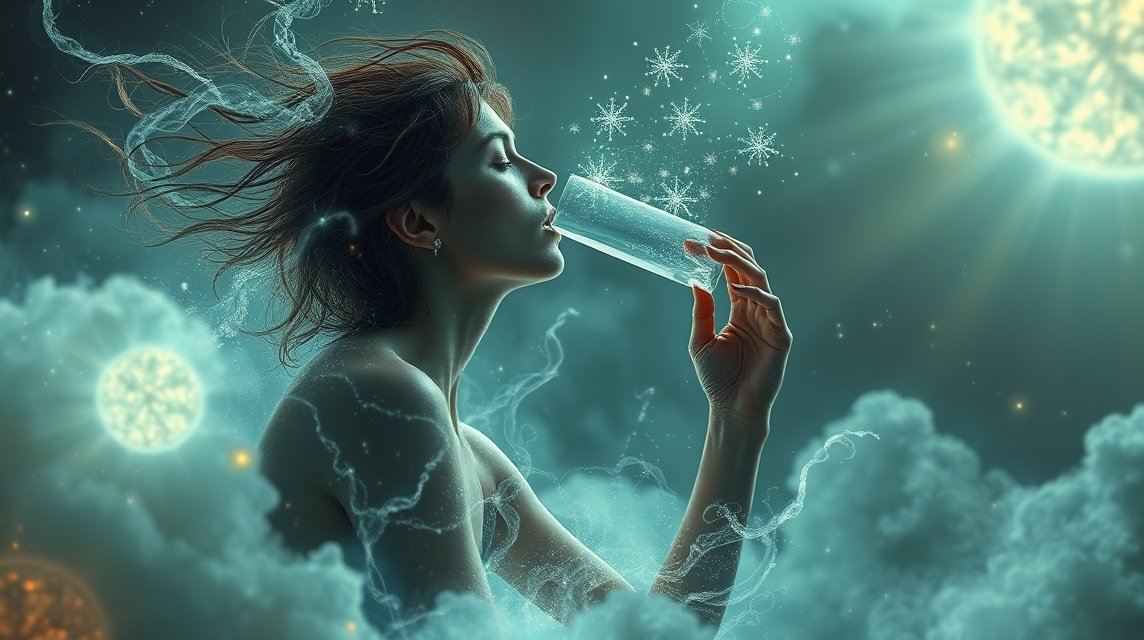 Eine Frau trinkt aus einem Glas, umgeben von mystischen Wolken und Schneeflocken.