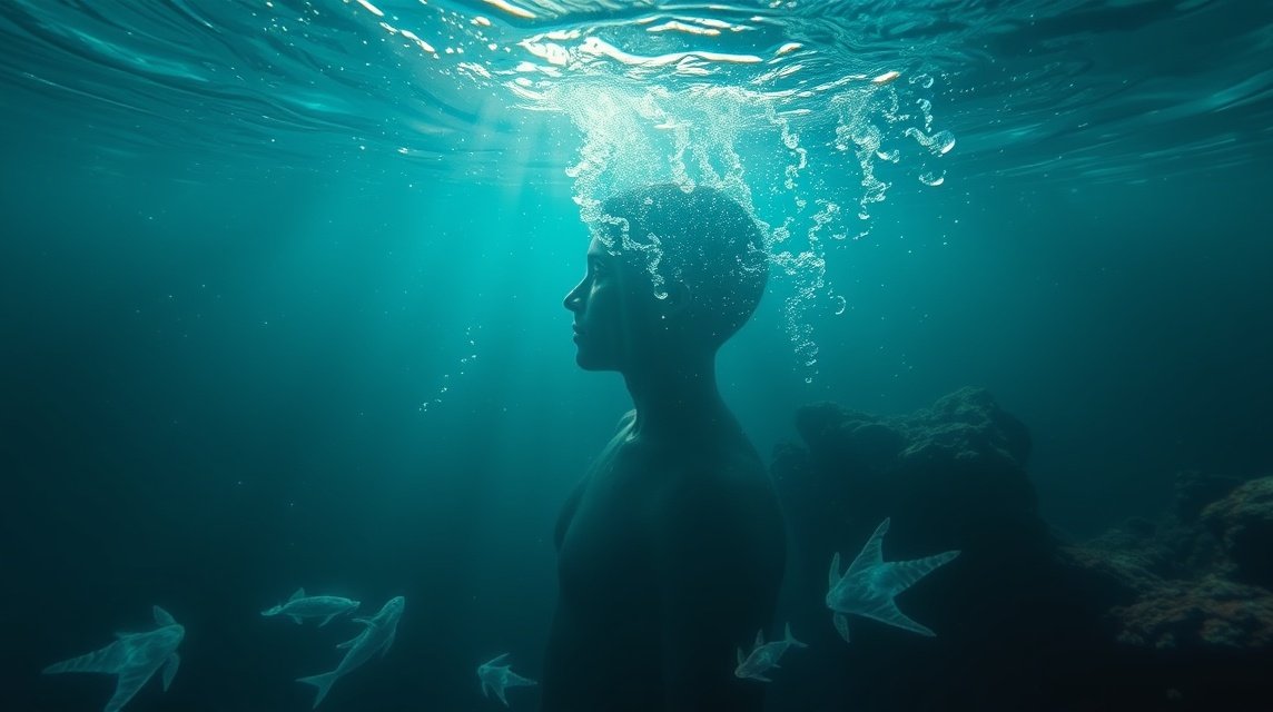 Ein Mensch steht unter Wasser, umgeben von Fischen und Lichtstrahlen.