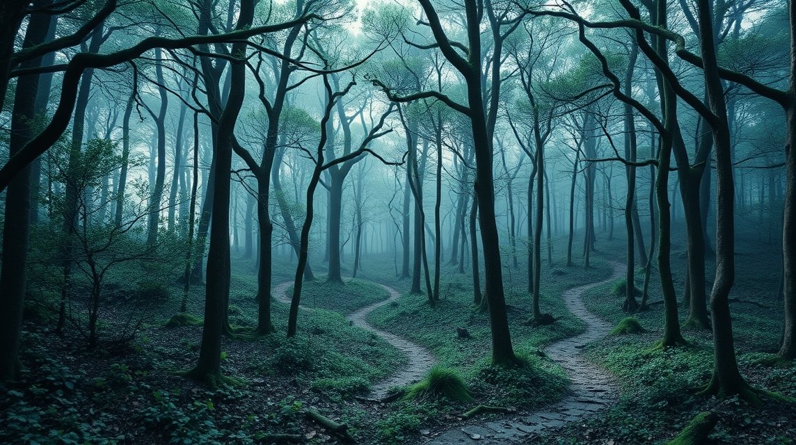 Ein nebliger Wald mit verschlungenen Pfaden zwischen hohen Bäumen.