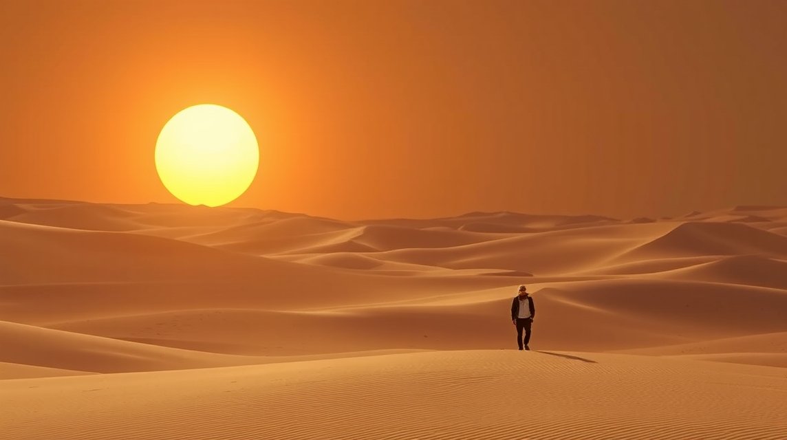 Eine Person wandert durch eine weite Wüstenlandschaft bei Sonnenuntergang.