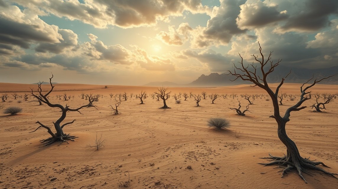Eine karge Wüstenlandschaft mit verdorrten Bäumen und dramatischem Himmel.