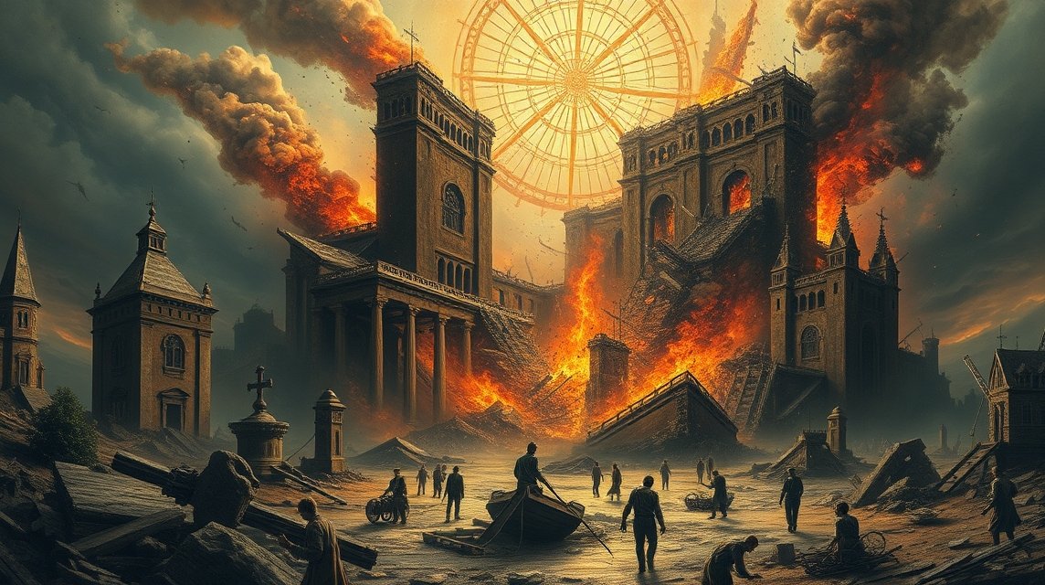 Eine zerstörte Stadt mit brennenden Gebäuden und Menschen in Panik.