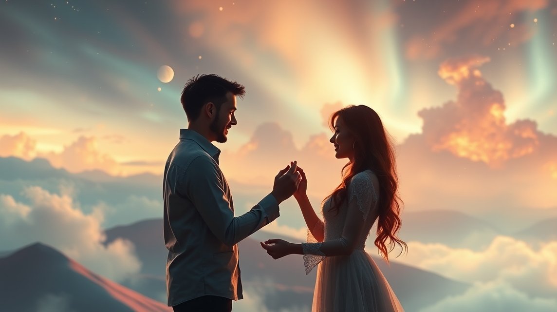 Ein Paar steht sich in einer traumhaften Landschaft gegenüber, umgeben von Wolken und einem farbenfrohen Himmel.