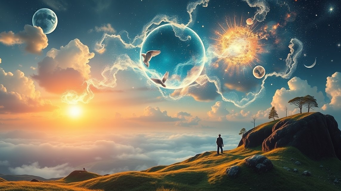 Eine Person steht auf einem Hügel und blickt auf einen traumhaften Himmel mit Planeten und Wolken.