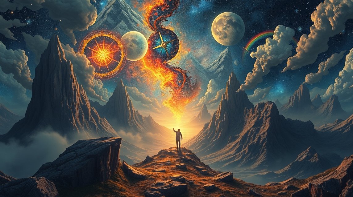 Eine Person steht auf einem Berg und blickt auf einen farbenfrohen, kosmischen Himmel mit Planeten und Sternen.