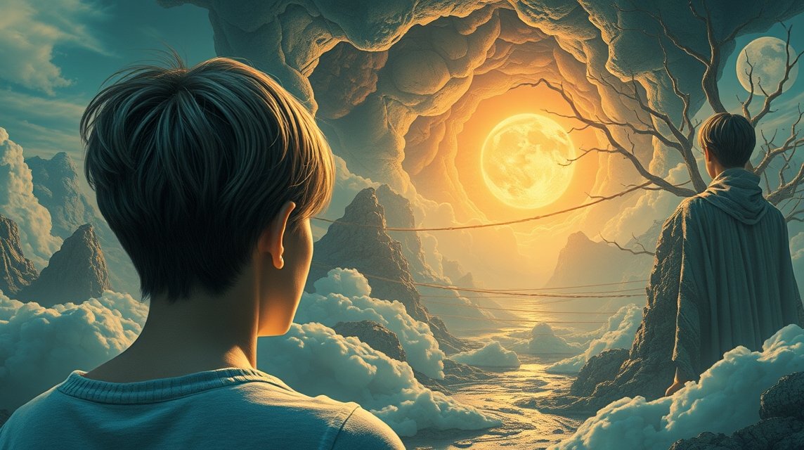 Ein Junge steht in einer surrealen Landschaft und blickt auf einen leuchtenden Mond.
