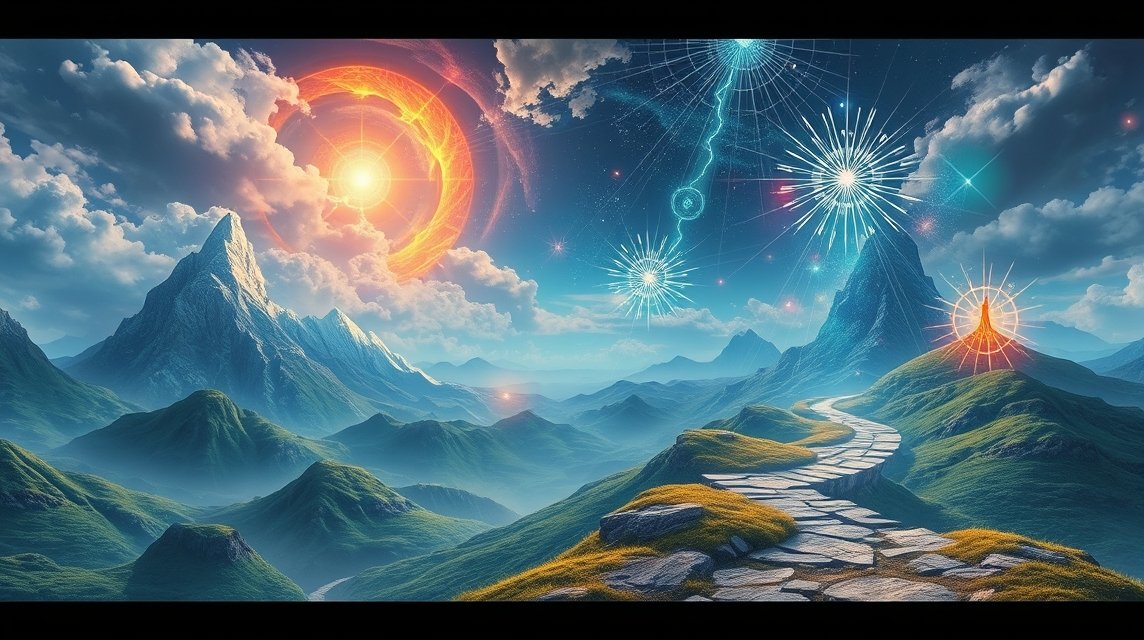 Eine traumhafte Landschaft mit Bergen, einem Weg und leuchtenden Himmelskörpern.