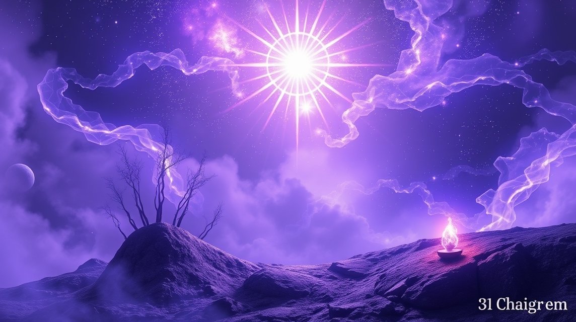 Ein mystischer Landschaftsraum mit lila Himmel, strahlender Sonne und einer leuchtenden Flamme.