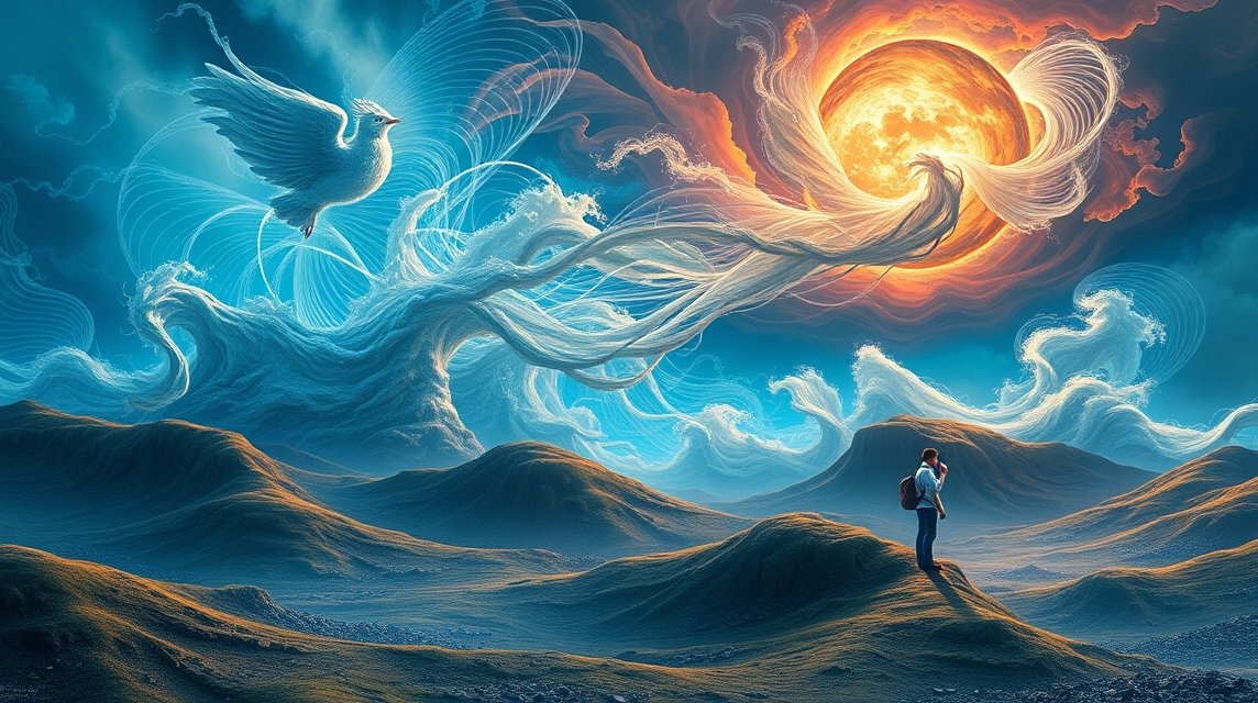 Ein Mensch steht in einer surrealen Landschaft mit einem leuchtenden Sonnenuntergang und einem majestätischen Vogel.