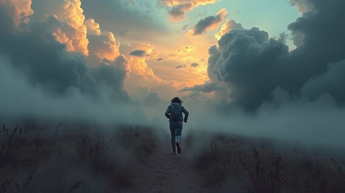 Eine Person läuft auf einem Pfad durch neblige Landschaft unter dramatischen Wolken.