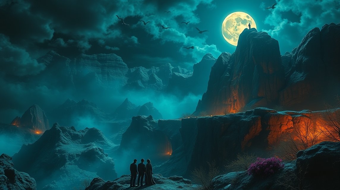 Drei Personen stehen in einer mystischen Landschaft unter einem Vollmond.