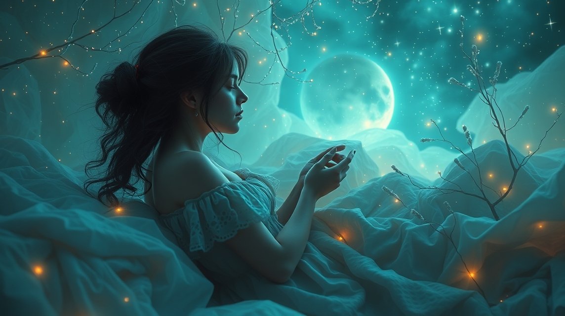 Eine nachdenkliche Frau sitzt in einem traumhaften, mondbeschienenen Raum.