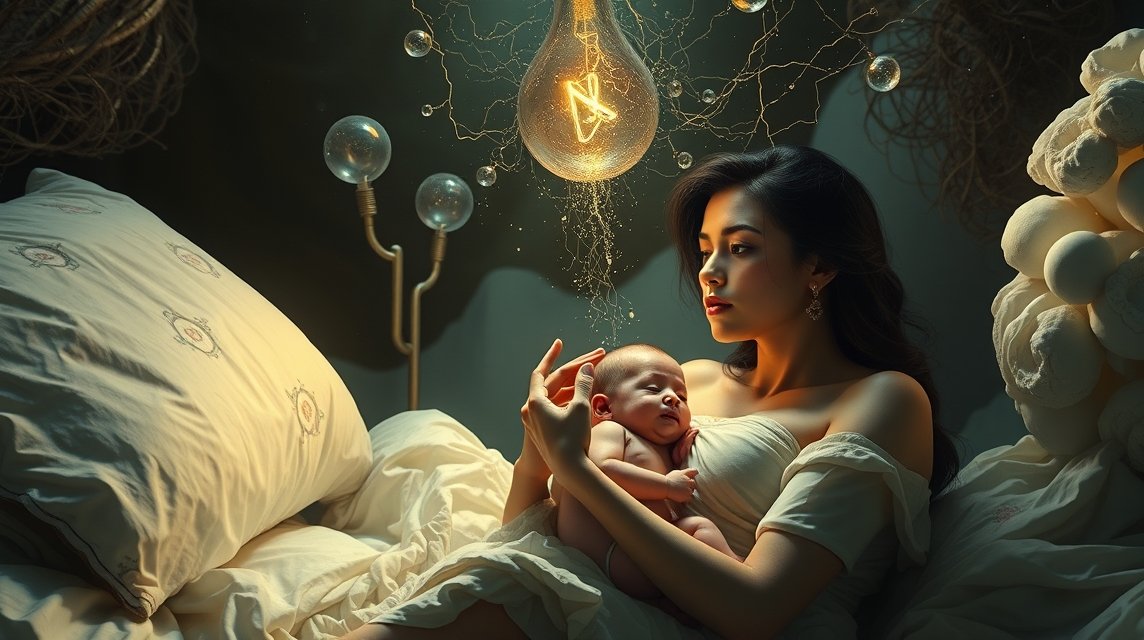 Eine Frau hält ein schlafendes Baby in einem sanften, traumhaften Raum.