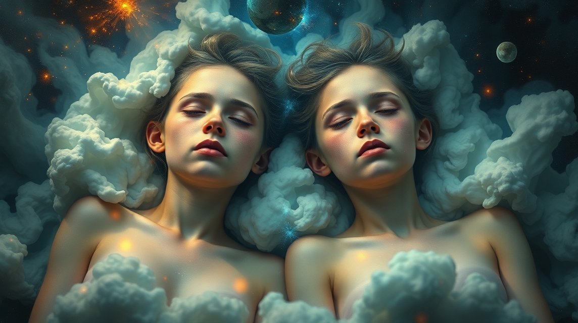 Zwei schlafende Mädchen liegen in einer traumhaften Wolkenlandschaft.