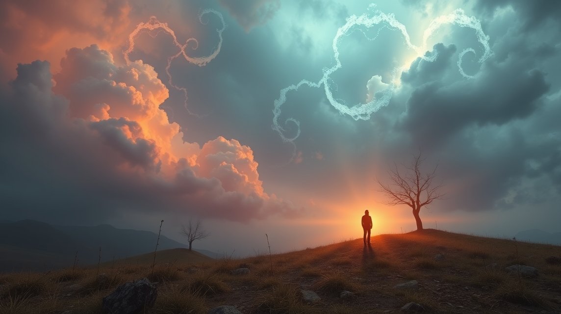 Eine Person steht auf einem Hügel und betrachtet den Sonnenuntergang hinter dramatischen Wolken.