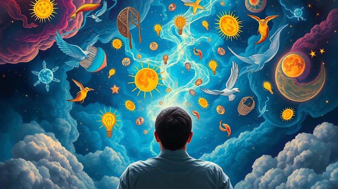 Ein Mensch betrachtet eine traumhafte Szenerie mit Sonne, Vögeln und Symbolen.