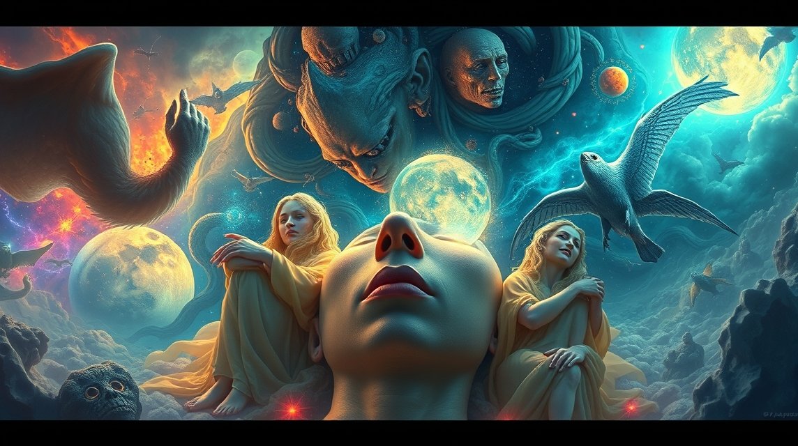 Eine traumhafte Szene mit mystischen Wesen und Frauen in Gelb, umgeben von Planeten und Wolken.